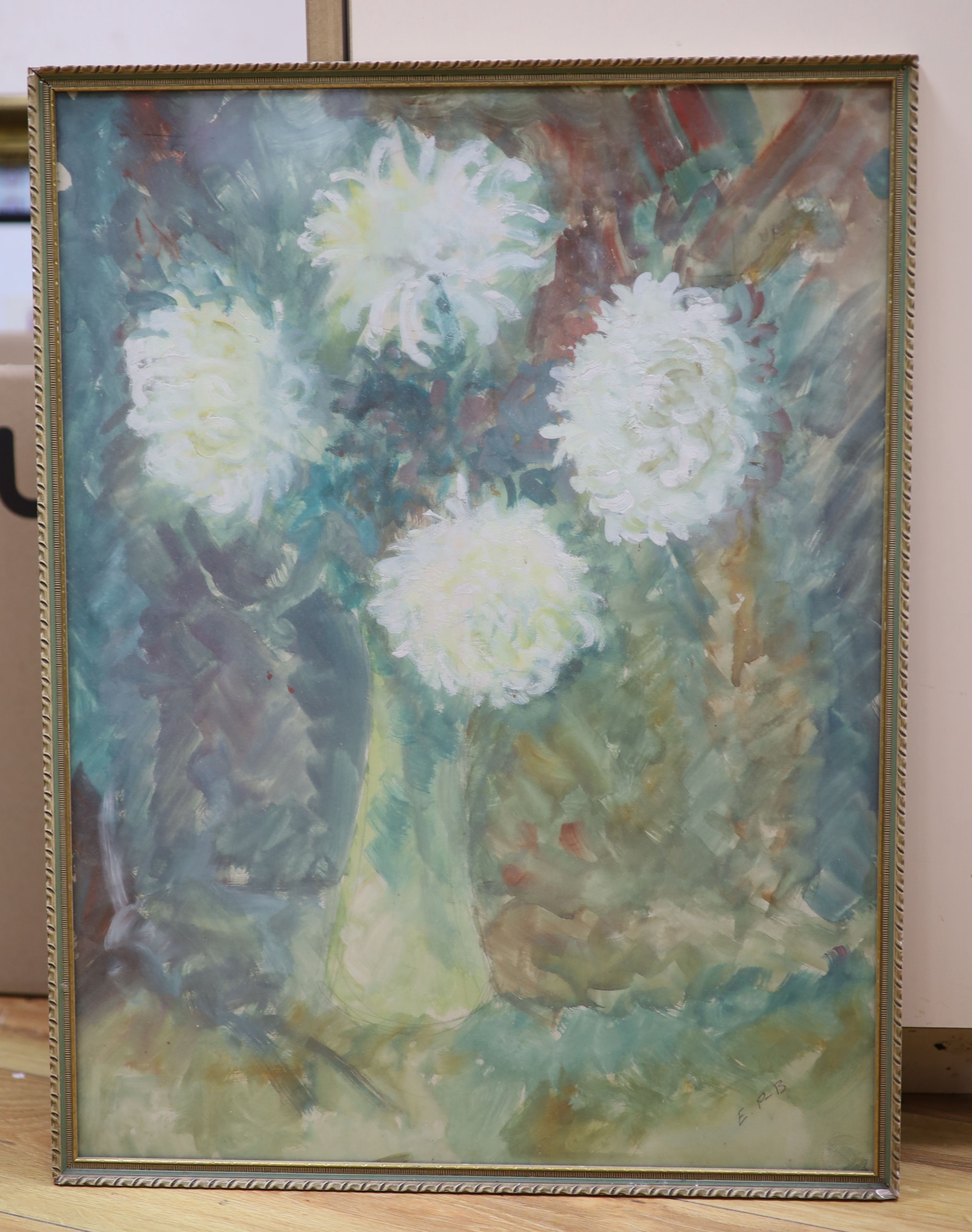 E.P-B, oil and watercolour on paper, Still life of chrysanthemums in a vase, initialled, 56 x 42cm. Austrian State Museum stamp.